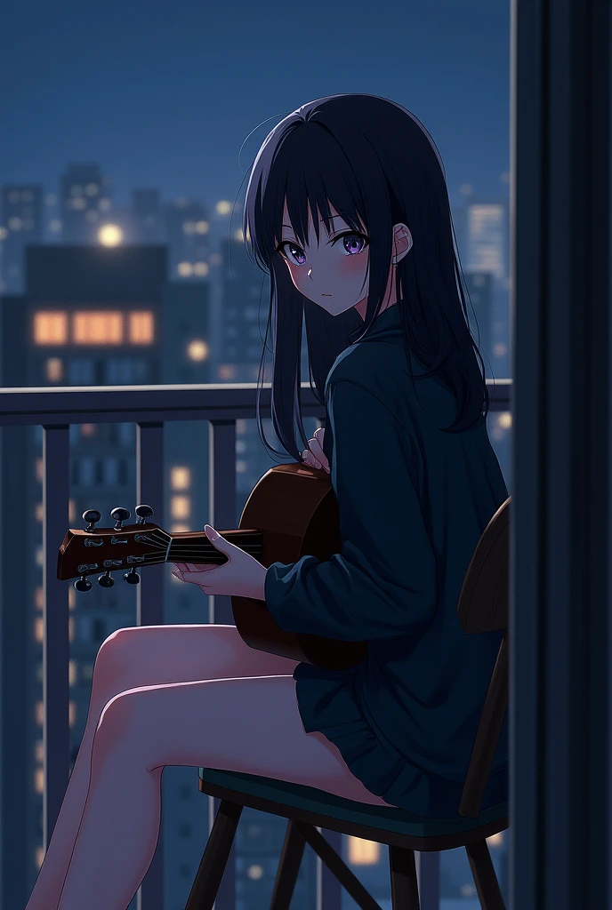 Anime Girl, turn back, sit, turn back and sit, short long, black jacket, sit in balcony bedroom with chair, night time, holding guitar, Highest quality, 8k, masterpiece:1.3,beautiful girl, Perfect Anatomy, Anatomically correct, Very detailed