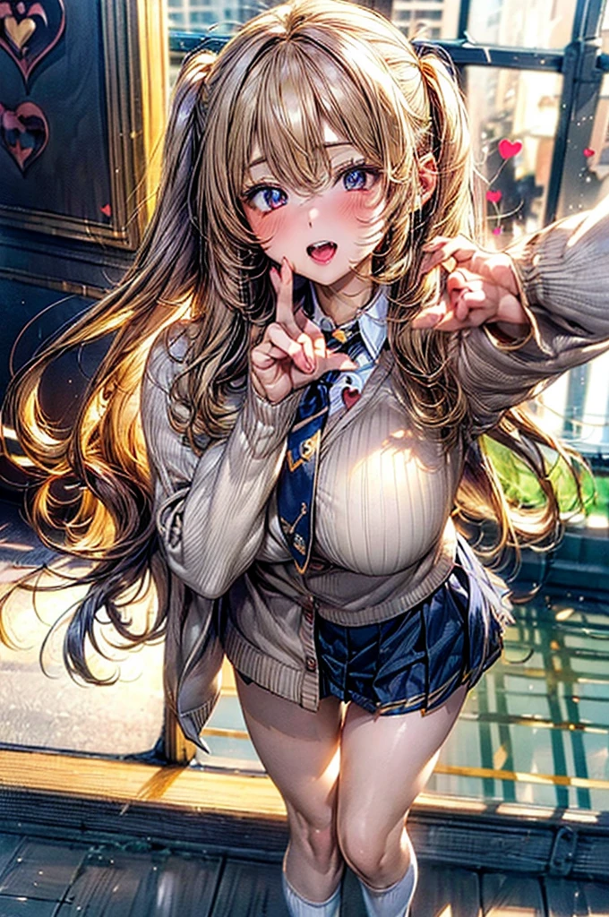 Browsing Caution,(Highest quality, 8k, masterpiece:1.3,beautiful girl), (Very detailed)Glowing Skin,(((Long Hair,blonde,Beautiful Hair))),(Perfect Anatomy, Anatomically correct, Very detailed肌),((Golden Eyes)),((Perfect Fingers,Five Fingers)),((Light blue collared shirt, Navy pleated mini skirt, socks, Navy tie, Light brown cardigan, White knee socks)),Pink Panties, Knee-high socks,Knee-high socks on both feet,Double teeth,(((Heart symbol on eye))),Big Breasts,Big Ass,In front of the station