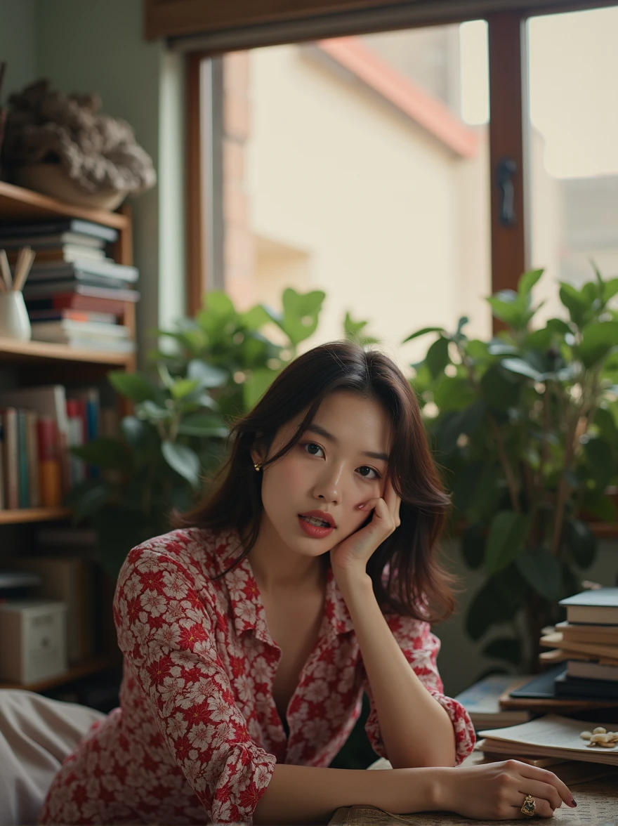 Highest quality、8k、masterpiece、Photorealistic, Sharp focus, high resolution, High resolution, Portraiture, alone, Japanese, Beautiful woman, from above,((Dynamic pose)),Blouse with cleavage visible, Glamour body,(Cluttered background, Messy room:1.3), Dark Background、((open mouth、closed eyes))