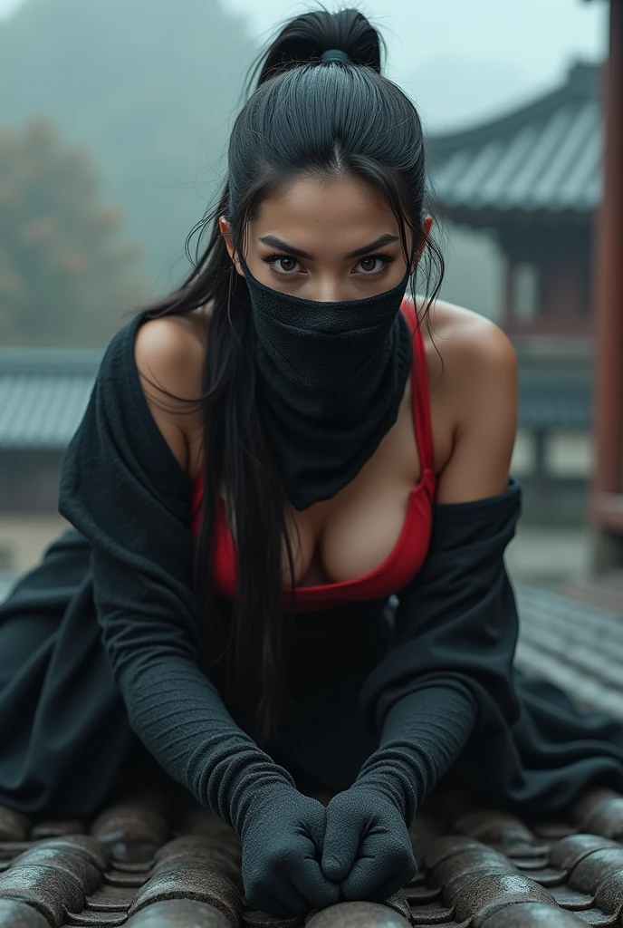 A female ninja lies in wait on a Japanese tiled roof。　The woman&#39;s outfit is made of rough black mesh fabric.。Voluptuous breasts wrapped in a red sports bra。Her hair is long and tied back.。The mouth is covered with a cloth。Big eyes staring straight at me(photography)（professional lighting）retina, anatomically correct, ccurate, textured skin, super detail, high quality, high details, award winning, best quality, highres, 1080P, HD, 4K, 8k