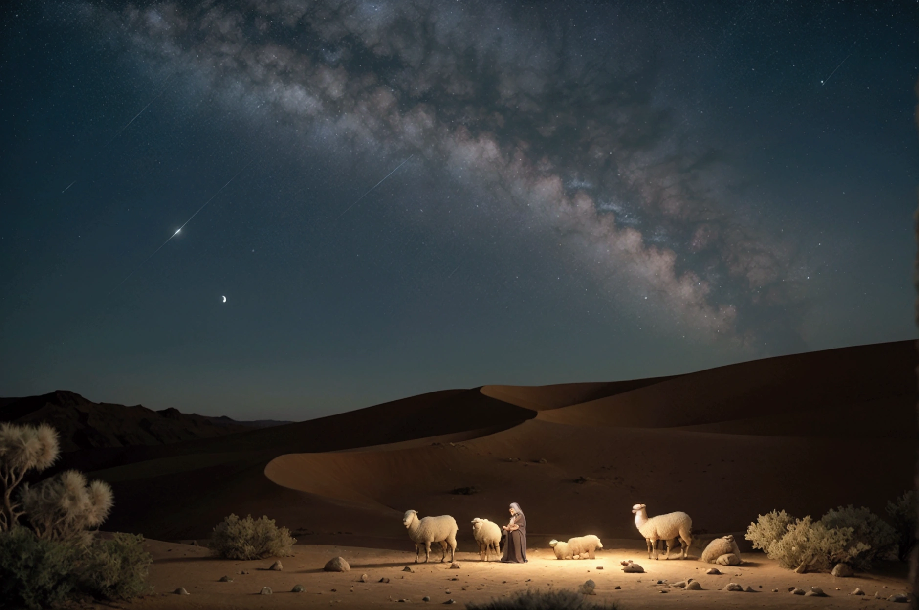 Photorealistic image depicting a pastoral night scene with three shepherds in the desert. No part of their faces can be seen, as they are facing away from the viewer. The light comes from the crescent moon. The layout features some sheep sleeping amidst vegetation and, in the foreground, three shepherds with their backs turned, surprised and excited by something they see in the sky. All are standing, except for one who is sitting on a rock; another is pointing with his open hand to a star, which they are all looking at, all with their backs turned, their faces cannot be seen. Their bodies show a state of alertness. Nothing can be seen of their faces. Each holds a staff and is dressed in robes with head coverings in blue, green and red. They are in a desert location where there is some vegetation and rocks. Scattered around them are some sleeping white sheep. The background consists of desert dunes in shades of brown and orange, creating a contrast with the dark blue and starry night sky, with a waning moon. The overall composition evokes a peaceful and pastoral atmosphere. Illustration from the Bible, appearance of the angel to the shepherds. Realistic image, 8k, photography.