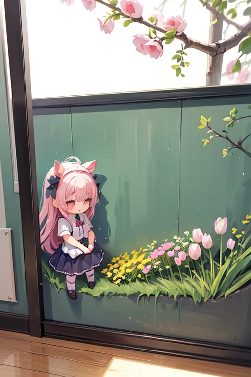 ((((ウマ娘))))((((ツインターボ))))The following scenes will be expressed using chibi girl dolls.(Photoreal、A girl is drawing pictures of tulip flowers and butterflies on the wall with crayons.、The picture is a child's doodle, but it's very colorful.、smile)