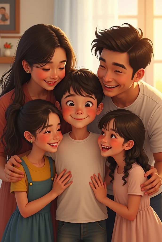 Create aboy living with his parents and two sisters together with happiness 