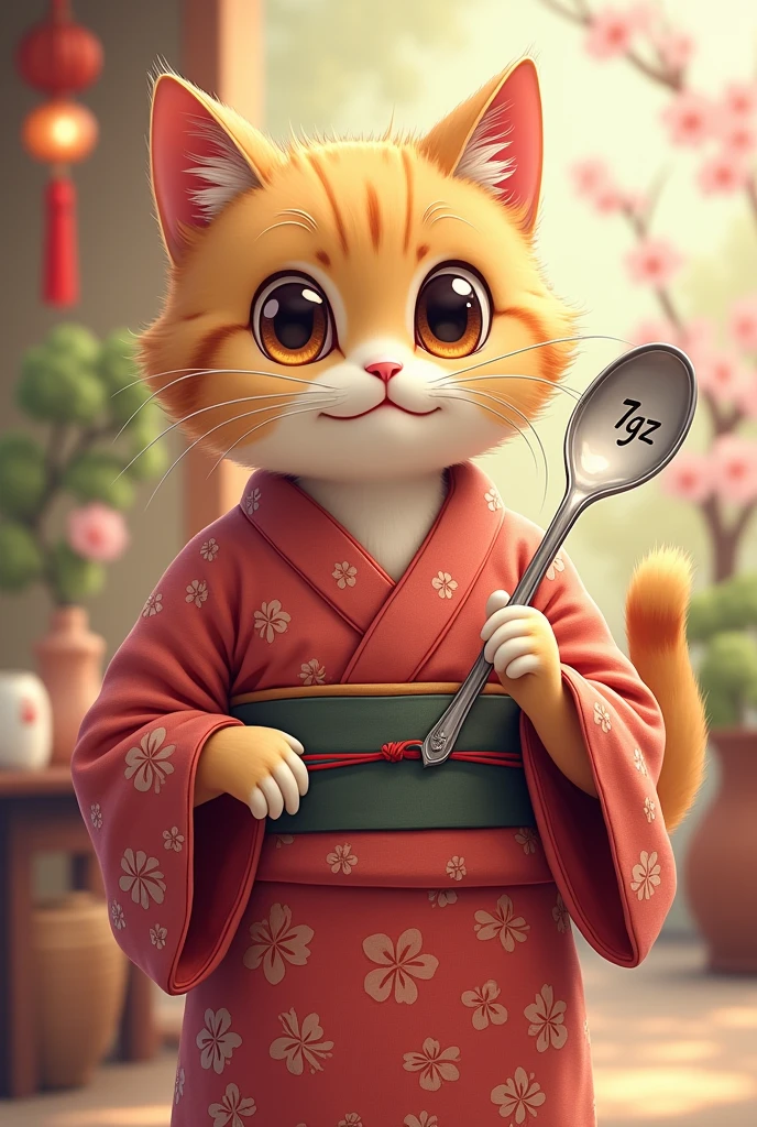 Cat wearing kimono。Her face is cute like an anime character。He has a silver spoon in his hand。The cat is yellowish in color。The spoon says 7gz
