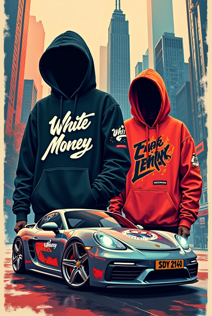Design a modern, urban-themed poster for a streetwear clothing brand names as 'White Money.'
The poster should showcase key streetwear items such as hoodies, oversized t-shirts, and jackets, emphasizing bold and trendy designs. The clothing should feature intricate graphic elements like logos, text, and images that reflect urban culture, including cityscapes, money symbols, and stylized typography. The overall aesthetic should be edgy and vibrant, with a mix of dark and bright colors to create a visually striking contrast. Incorporate elements like a city skyline, luxury cars, and a modern, artistic vibe that appeals to a young, fashion-forward audience."