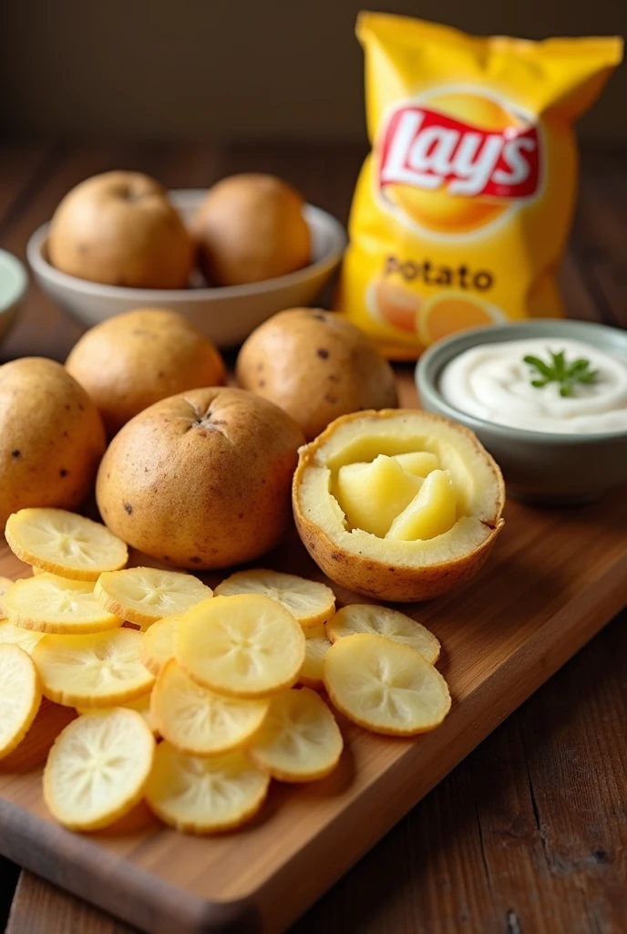 Wooden kitchen board. On top, a potato with cooked skin and a halved one. Next to it is a bowl of white sauce. On top of the same board place bagged Lays potato chips, They are very thin slices of potatoes. Sliced potatoes should be the main focus and smooth. Halved potatoes should look like they have no holes on the cut side.. You must see a lot of sliced potatoes. Only 3 whole potatoes and two halved potatoes and at least 30 sliced potatoes on the board