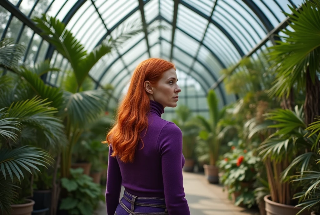 A red-haired woman of 40 is walking in a purple turtleneck in a magical florarium in a greenhouse under a glass round dome through a thicket of paportniki and palms