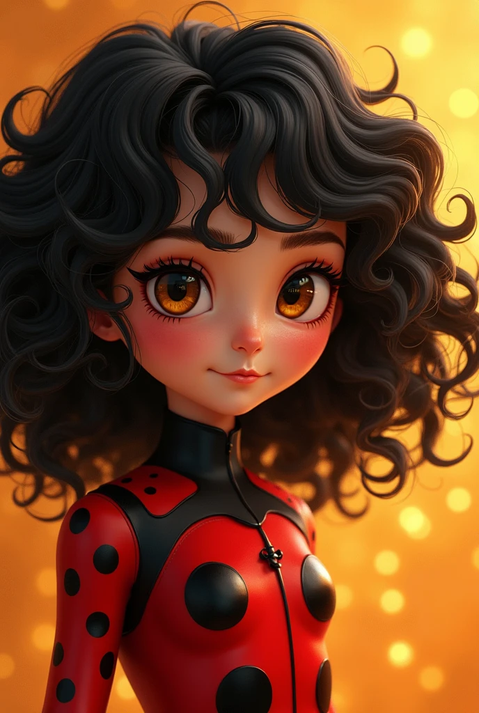 Girl with curly black hair and honey eyes in miraculous lady bug 