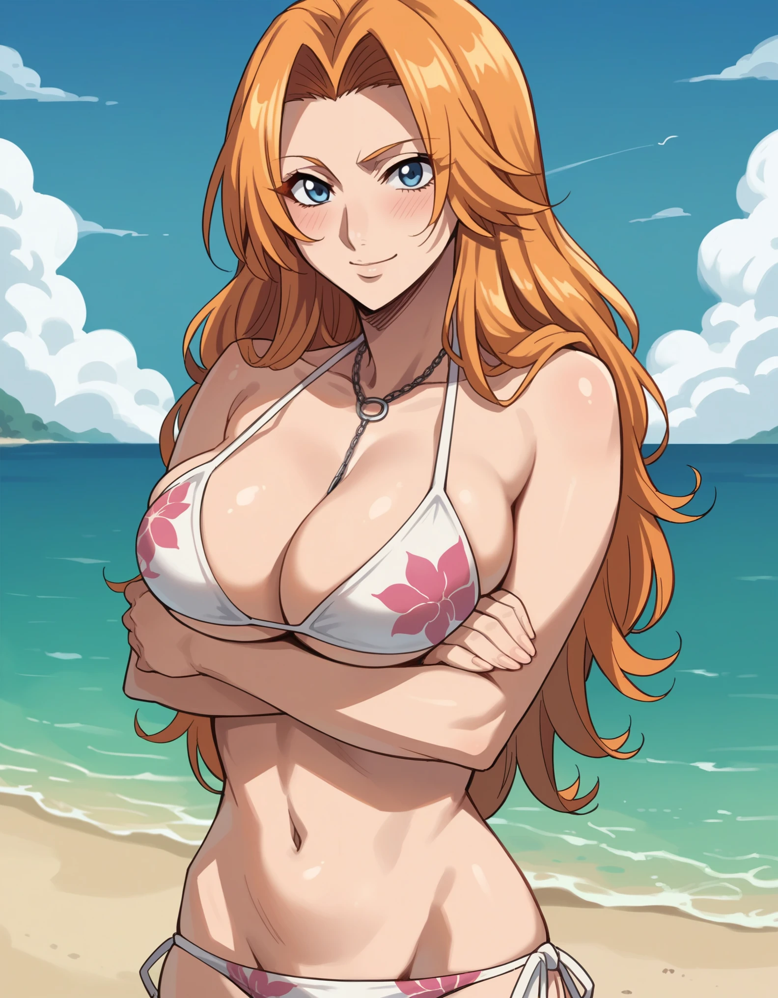 score_9, score_8_up, score_7_up, source_anime, best quality, clear face, Rangiku Matsumoto, orange hair, long hair, blue eyes, large breasts, cleavage, bikini ,navel, looking at viewer, smile, from front, beach, blush, breast hold, cowboy shot