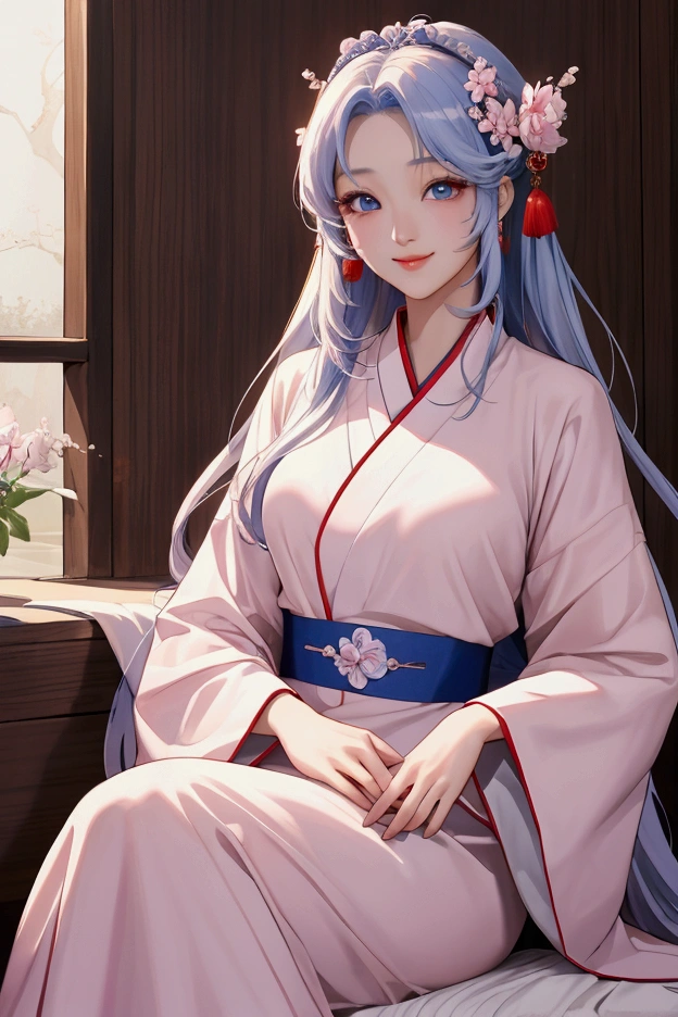 (Highest quality、 8k 、masterpiece、High resolution)、(Chinese Drama、Changgexing、Li Changge、Dililaba)、Tang Dynasty、Changan、1 Female、Beautiful young person、blue eyes、Pretty lips、(Anime Beauty)、(Anime Art)、Smiling and posing happily、Bright atmosphere、Light colored long hair、Light pink Hanfu、古いChanganの街並み、Official Art、Detailed CG、