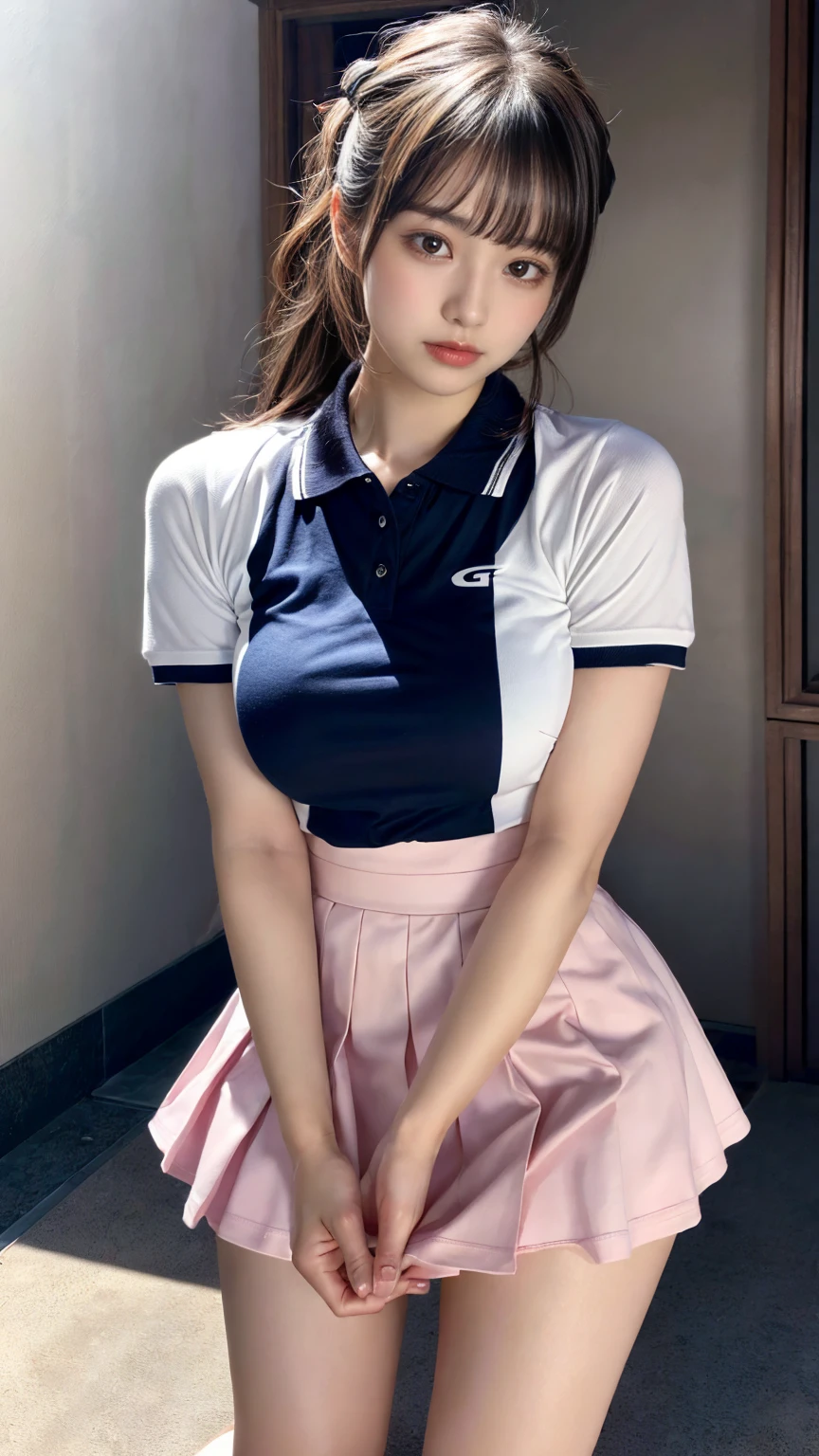 (8K, RAW Photos, Highest quality, masterpiece:1.2), (professional photography, full colors, studio-caliber color grading), (Gravure quality for high-end fashion magazines), close up, BREAK,18 year old girl,(perfect long ponytail:1.1), crying a little, Harajuku style, Big Natural Color Lip, (Plumpy body (smooth skin.1 (huge breasts.2), (expresses the roundness and softness of the chest area..1), BREAK (Polo shirt with collar), pleated skirt
