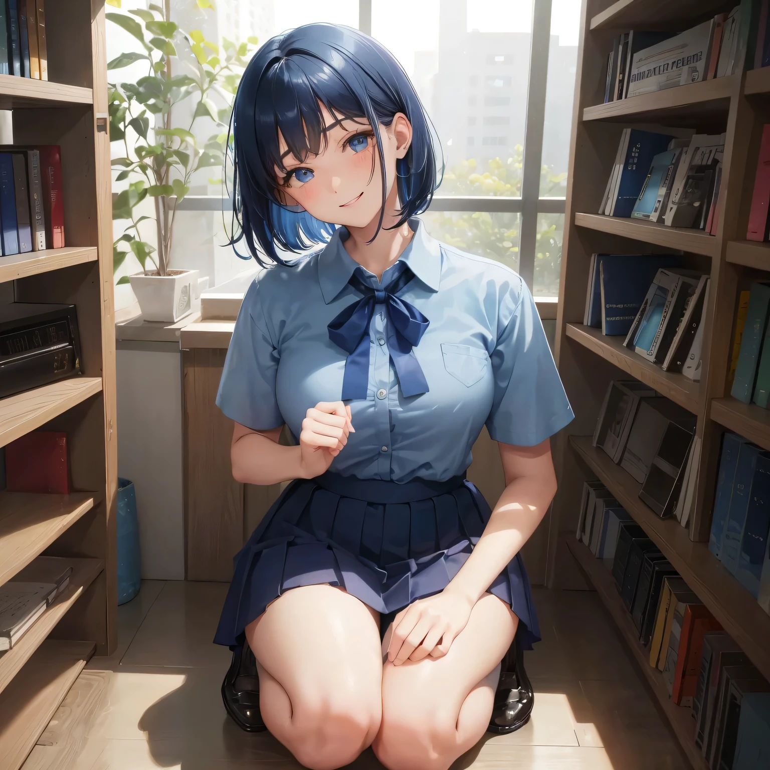 1. High school girl　17-year-old female　Bobcut　dark blue hair color　High School Uniform　Light blue Y-shirt　Short sleeve　Blue Ribbon　dark blue hair color　Slim figure　Large Breasts　Full body portrait　School library　Smiling Kindly　Laugh a little　library　Hand Signs　squat　Kneel　Look up here　