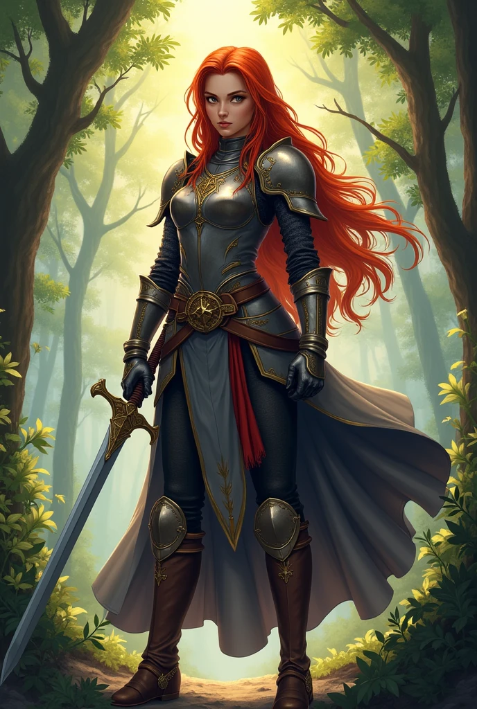 Create an image of a young, fierce female warrior with long red hair flowing freely, wearing detailed medieval-style armor, including a chest plate, shoulder pads, and leather boots. She wields a sword confidently, with a determined expression on her face. The setting is a mystical forest with sunlight filtering through the trees, creating a magical atmosphere. The style should be vibrant and reminiscent of anime or light novel characters. Above her, in a bold fantasy-style font, include the text 'FELIZ CUMPLEAÑOS JOSE LUIS'. The text should blend naturally with the scene, adding a celebratory touch."