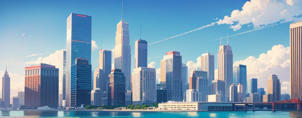 big city, skyline, modern buildings, sunny blue sky