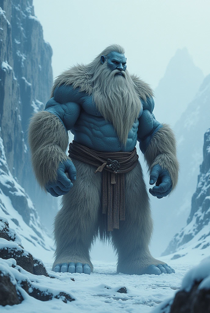 Scandinavian style,Norse mythology,Ymir, hugeな体,Muscular, Scandinavian clothing, huge,Frozen Background, Ice giant, whole body, Shooting Type: Wide plan style: Surreal, Photorealism, Shooting --ar 9:16