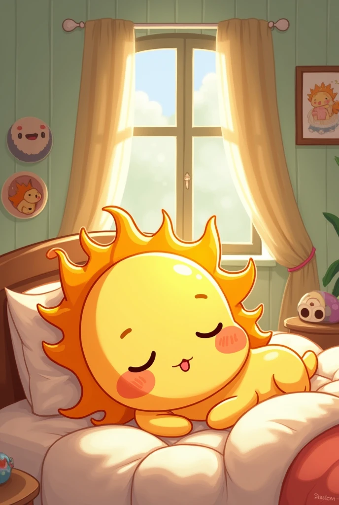 Cute cartoon of a little sun sleeping lazily on the bed. Zoom out to see the surrounding area.