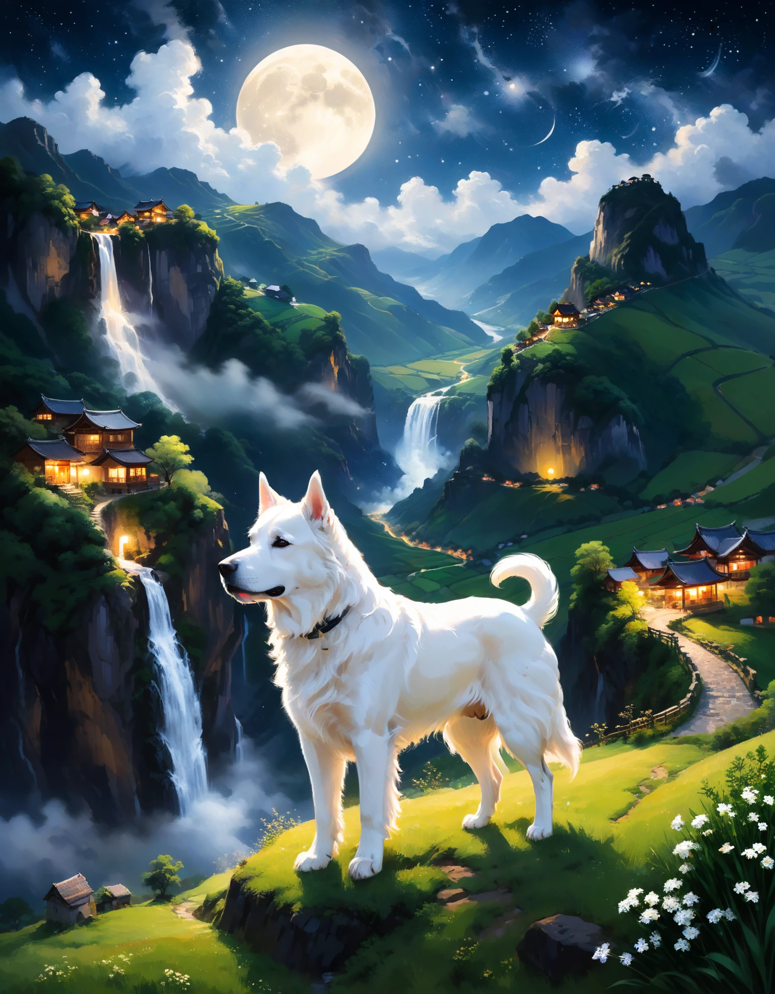 "quiet night、Moonlit landscape。A large white dog was walking along a grassy hillside、A small village can be seen in the distant valley。Cliffs and waterfalls surrounding the valley、The clouds spreading across the starry night sky create a fantastic atmosphere.。A scene with a quiet and mysterious landscape。"
