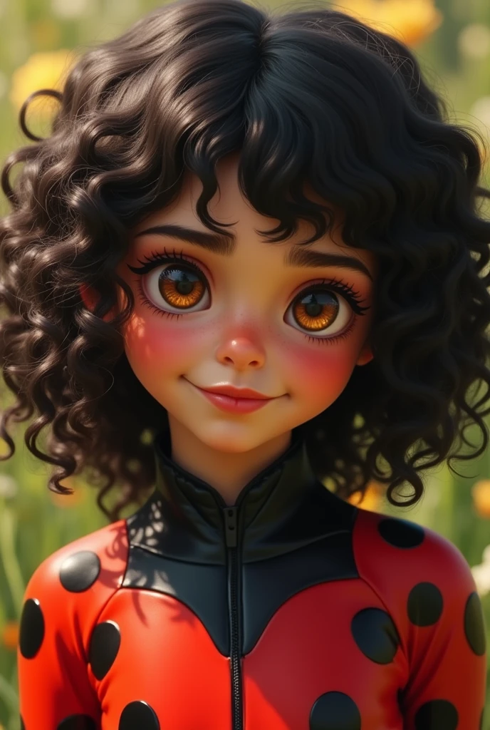 Girl with curly black hair and honey eyes in miraculous lady bug