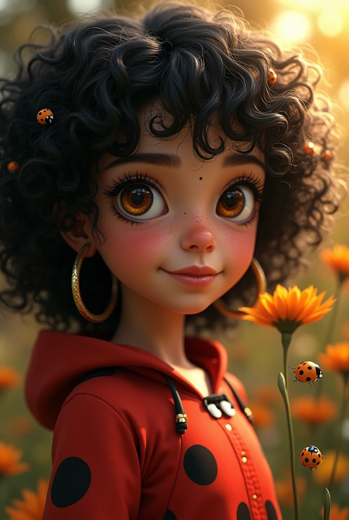 Girl with curly black hair and honey eyes in miraculous lady bug 