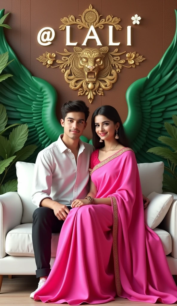 Create 3D picture of a beautiful 18 year old boy sitting on the white sofa set chair, the girl is wearing a neon pink saree, background wall decorate in flower tiger and leaves and written on capital Big font white colour "@♡LALI" and wing are green colour look like angel