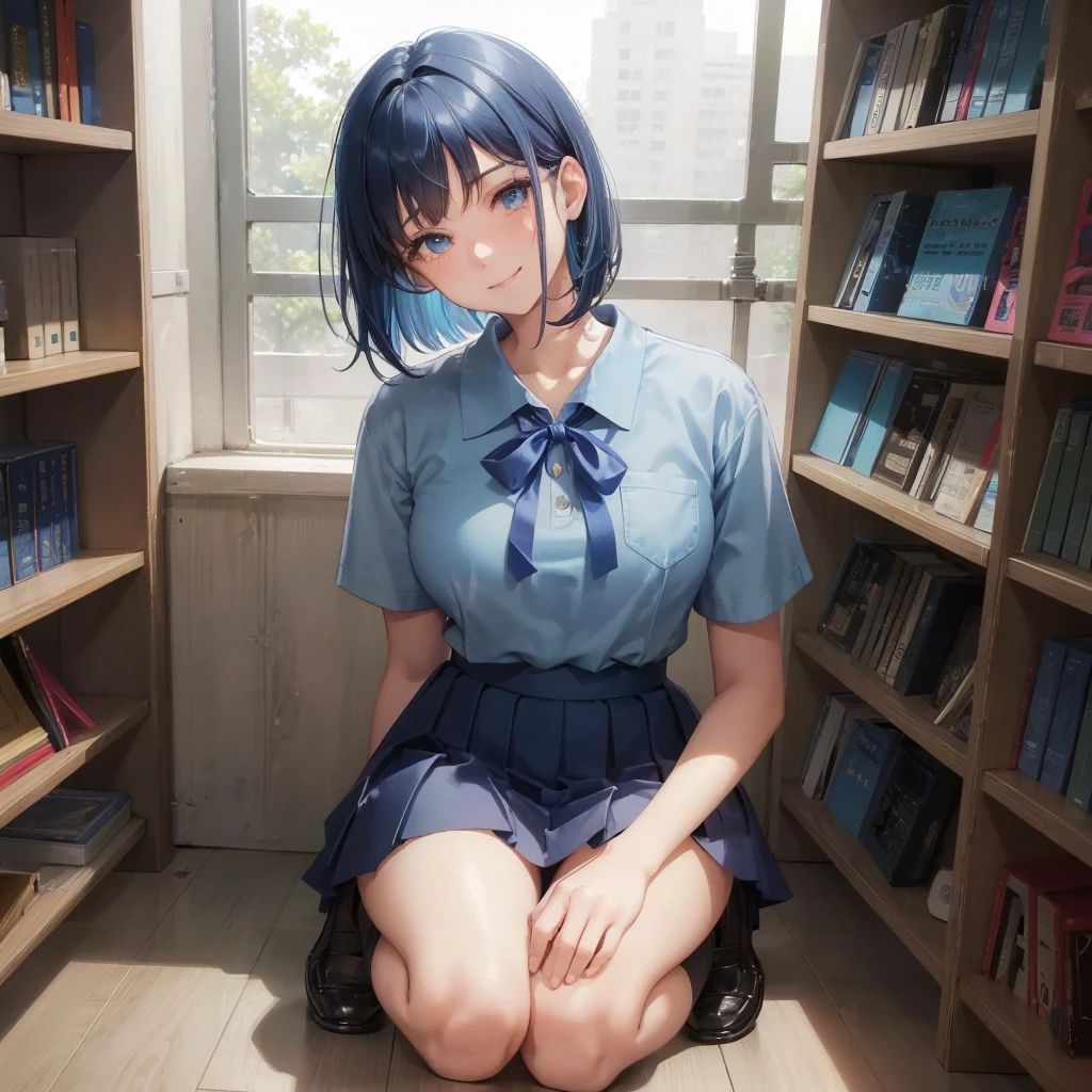 1. High school girl 17-year-old female Bobcut dark blue hair color High School Uniform Light blue Y-shirt Short sleeve Blue Ribbon dark blue hair color Slim figure Large Breasts Full body portrait School library Smiling Kindly Laugh a little library Hand Signs squat Kneel Look up here