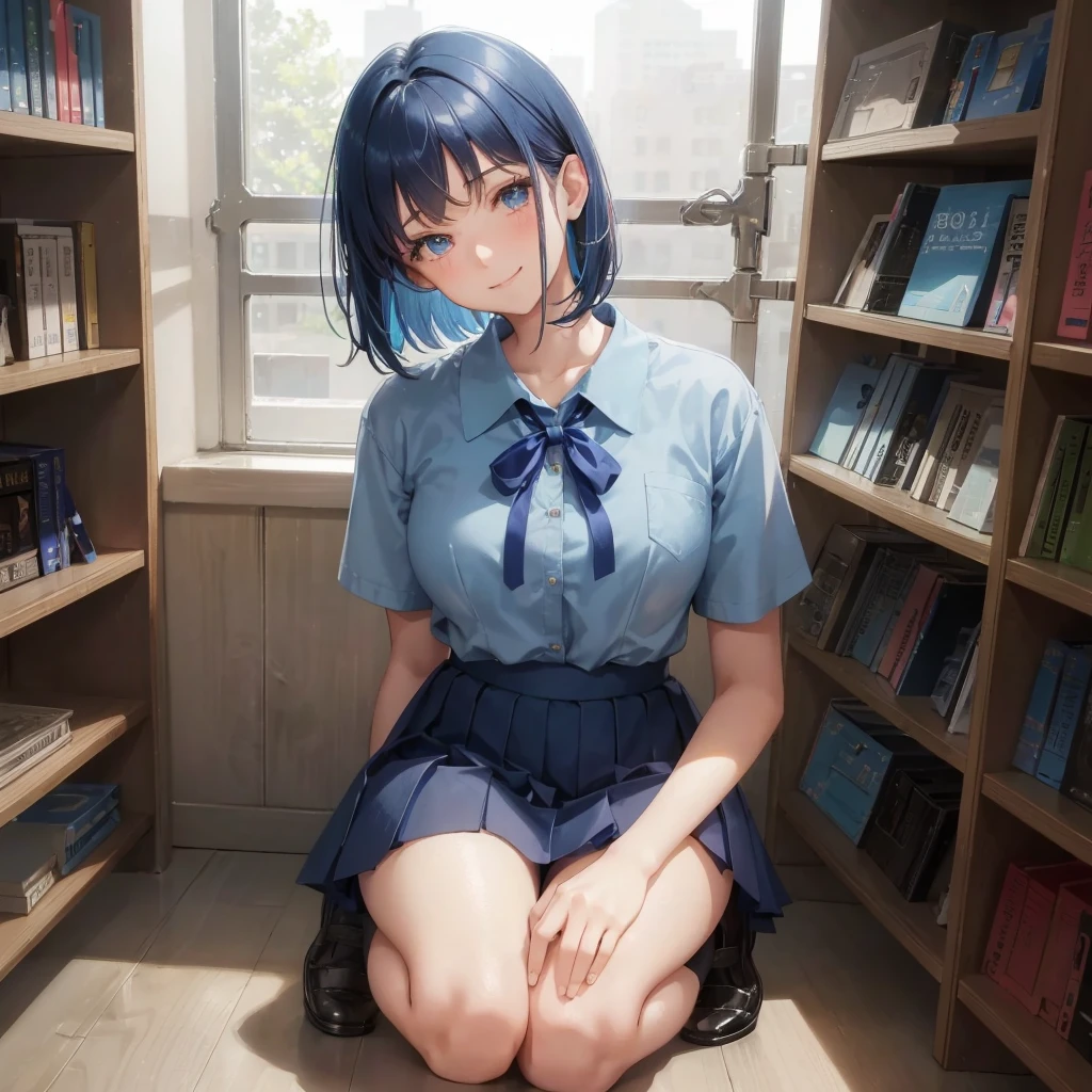 1. High school girl　-yeld fee　Bobcut　dark blue hair color　High School Uniform　Light blue Y-shirt　Short sleeve　Blue Ribbon　dark blue hair color　Slim figure　Large Breasts　Full body portrait　School library　Smiling Kindly　Laugh a little　library　Hand Signs　squat　Kneel　Look up here　