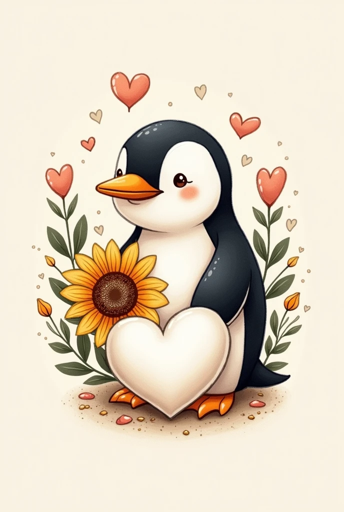 Create an image for a tattoo that includes a penguin, a white heart and a sunflower