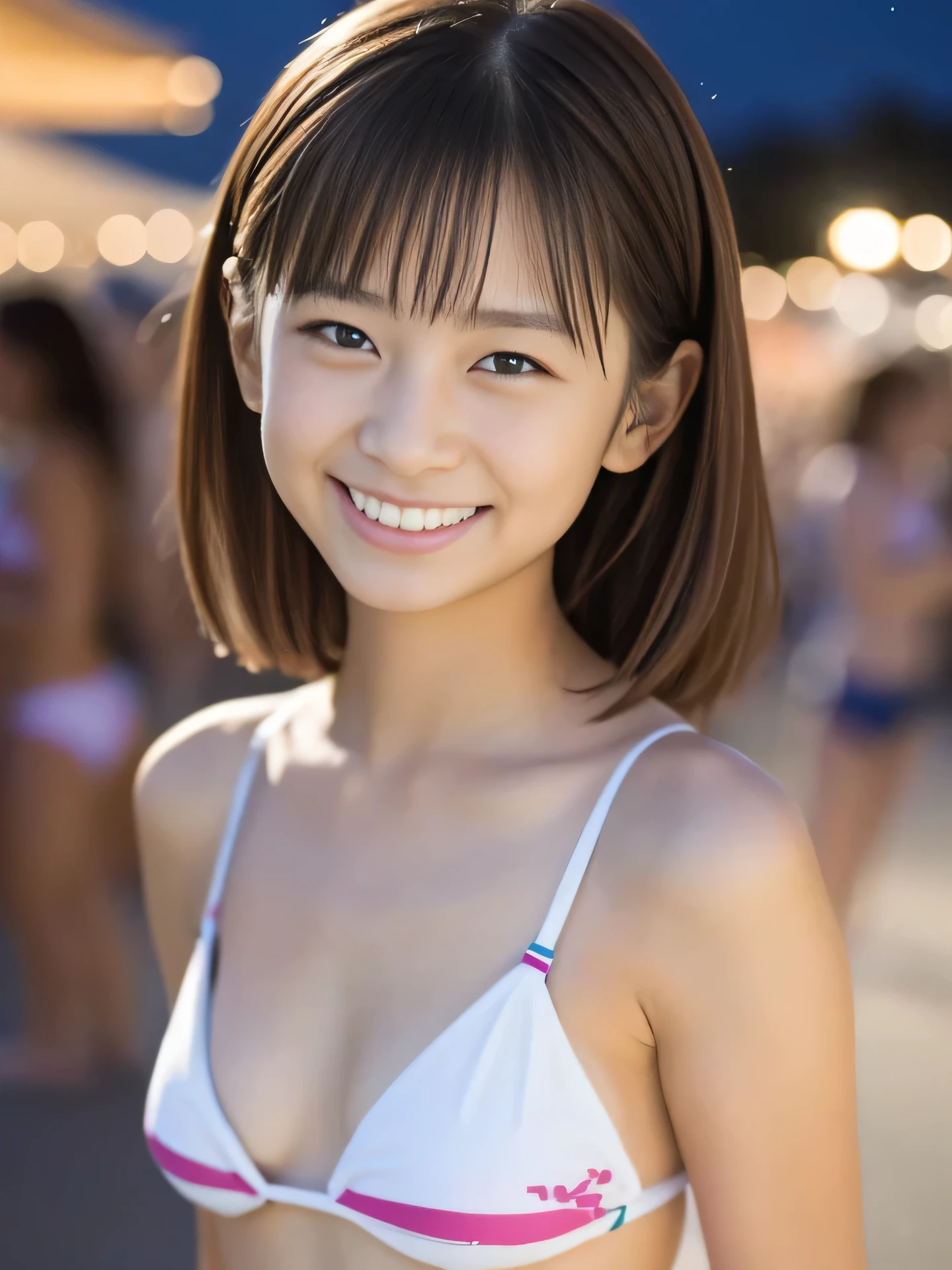 Photorealistic, Ultra-detailed, (Best Quality, 8K, 32K, masterpiece, UHD:1.2), Photo of **** pretty Japanese girl, (micro bikini:1.3), flat chest, smile, grin, night festival, clothes pull, pulled by self,