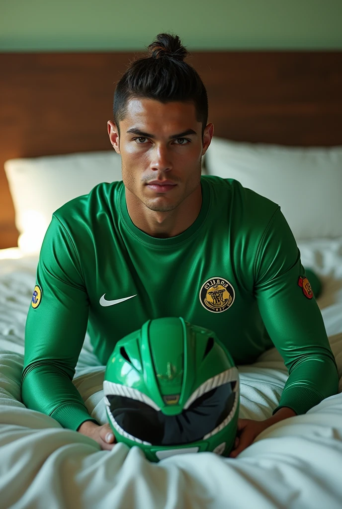 Cr7 green ranger mighty morphin suit lying on a bed (without helmet), looking at the camera