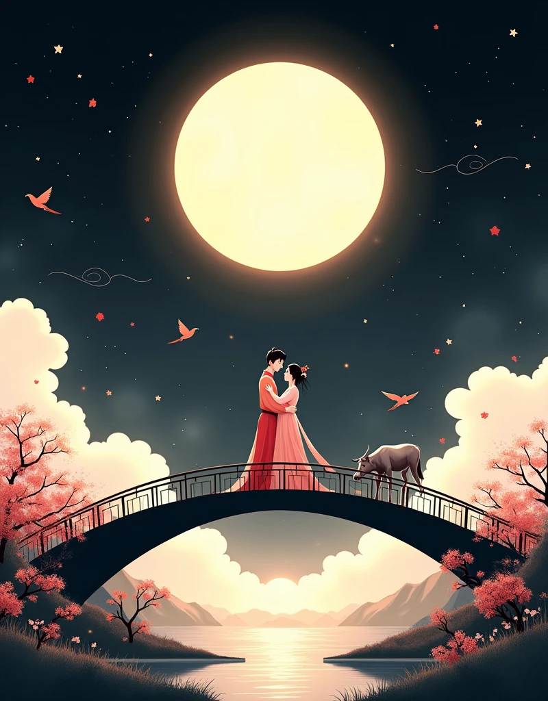 Romantic style illustration,Minimalist black background,Large area of white space,(Qixi Valentine's Day),Ancient Chinese Mythology,(Hanfu),((Boys and girls snuggle together:1.7)),(Standing on the arch bridge),(((A cute calf:1.7))),(((3 magpies:1.8))), ((Fluffy love heart)),Fluffy clouds,Star,Beautiful moon,Grass,Flowers,peter gric,william morris,jane newland,Gustav Klimt,The body is centered,Stunning details,New Gongbi,35mm,Depth of Field,Glass,Light and Shadow,Big scene,Song Dynasty Aesthetics,Very simple linear structure,Tyndall rays,8K HD,Octane Rendering,uhd,hdr