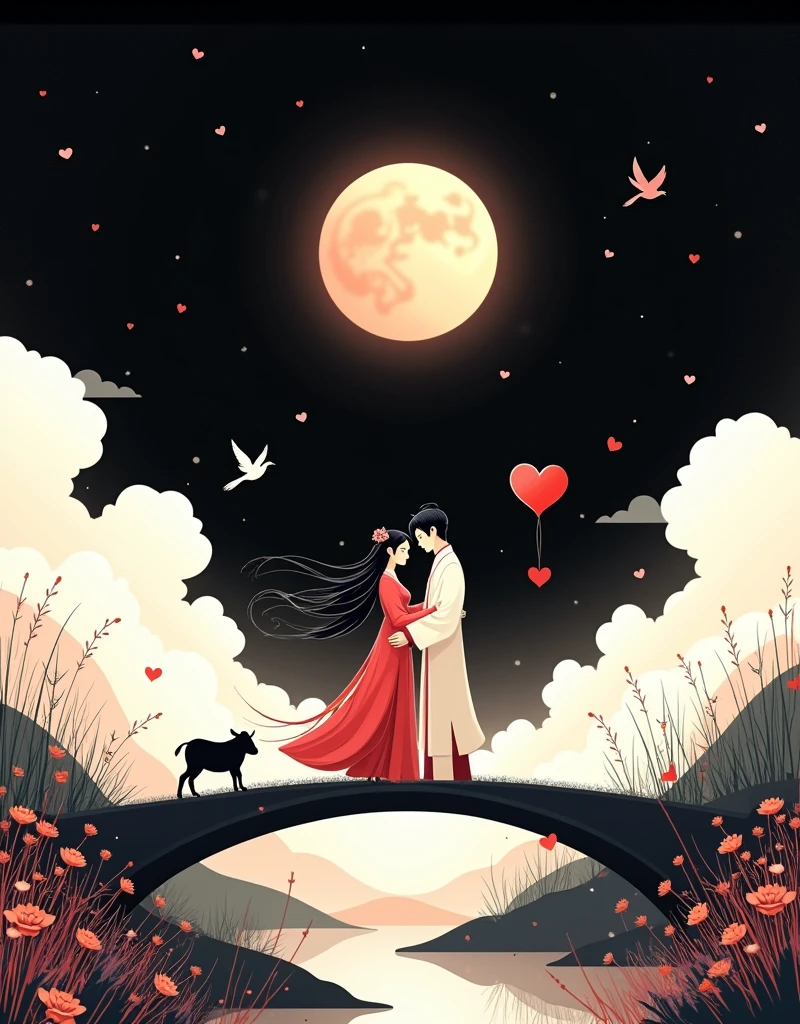 Romantic style illustration,Minimalist black background,Large area of white space,(Qixi Valentine's Day),Ancient Chinese Mythology,(Hanfu),((Boys and girls snuggle together:1.7)),(Standing on the arch bridge),(((A cute calf:1.7))),(((3 magpies:1.8))), ((Fluffy love heart)),Fluffy clouds,Star,Beautiful moon,Grass,Flowers,peter gric,william morris,jane newland,Gustav Klimt,The body is centered,Stunning details,New Gongbi,35mm,Depth of Field,Glass,Light and Shadow,Big scene,Song Dynasty Aesthetics,Very simple linear structure,Tyndall rays,8K HD,Octane Rendering,uhd,hdr