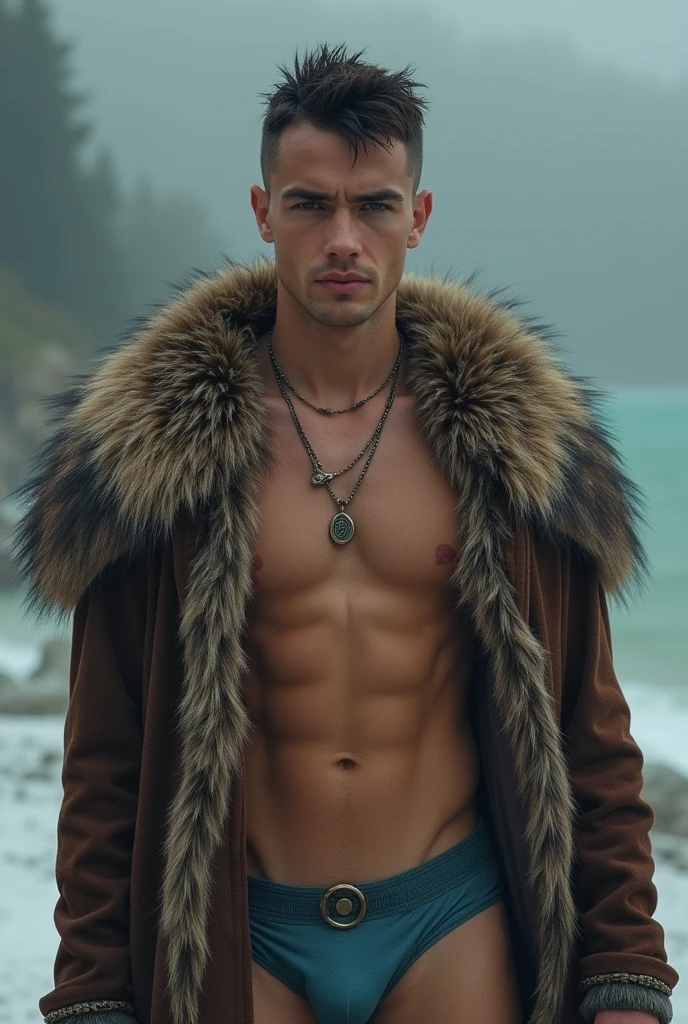 Handsome russian man. He is tall. Has muscular build, pale skin. Gray shiny eyes (nearly white). Gray eyes. Spiky short degraphed hair. Dark brown (slightly green) hair tone. Wears a fur mantle (brown). Metallic blue swim briefs, low-rise speedo. He is a russian druid. Manly face, masculine face, shaved. Muscular. Young adult. Spiky short hair. Gray eyes. 