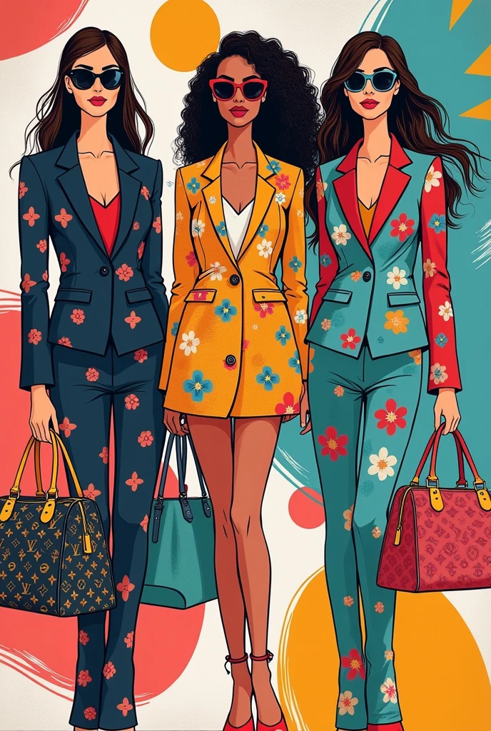 A vibrant and stylish illustration of three women wearing Louis Vuitton, each adorned with different patterns including flowers, leaves, and geometric shapes, standing in front of an abstract background that reflects the whimsical nature of their fashion sense. They wear sunglasses and exude confidence as they pose for the camera. The overall mood is lively and colorful, capturing the essence of high-end luxury brand style. In the style of John Holcroft.