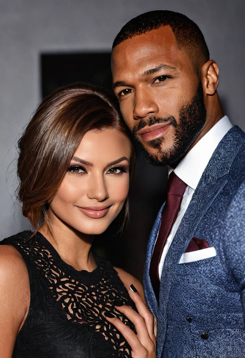Russian-French actress/model Anna Polina and a handsome African American male whose facial features are a combo of Isaiah Mustafa + Omari Hardwick + Leonard Roberts pose together for a photo. Both are smiling. Both are attired attractively but casually for a date. Anna has lovely makeup on her face. Daytime. Romantic ambiance. Symmetrical eyes. Symmetrical faces. Lovely details. Photorealistic. Full-colored photo. Professional photo. Highly detailed 8K.