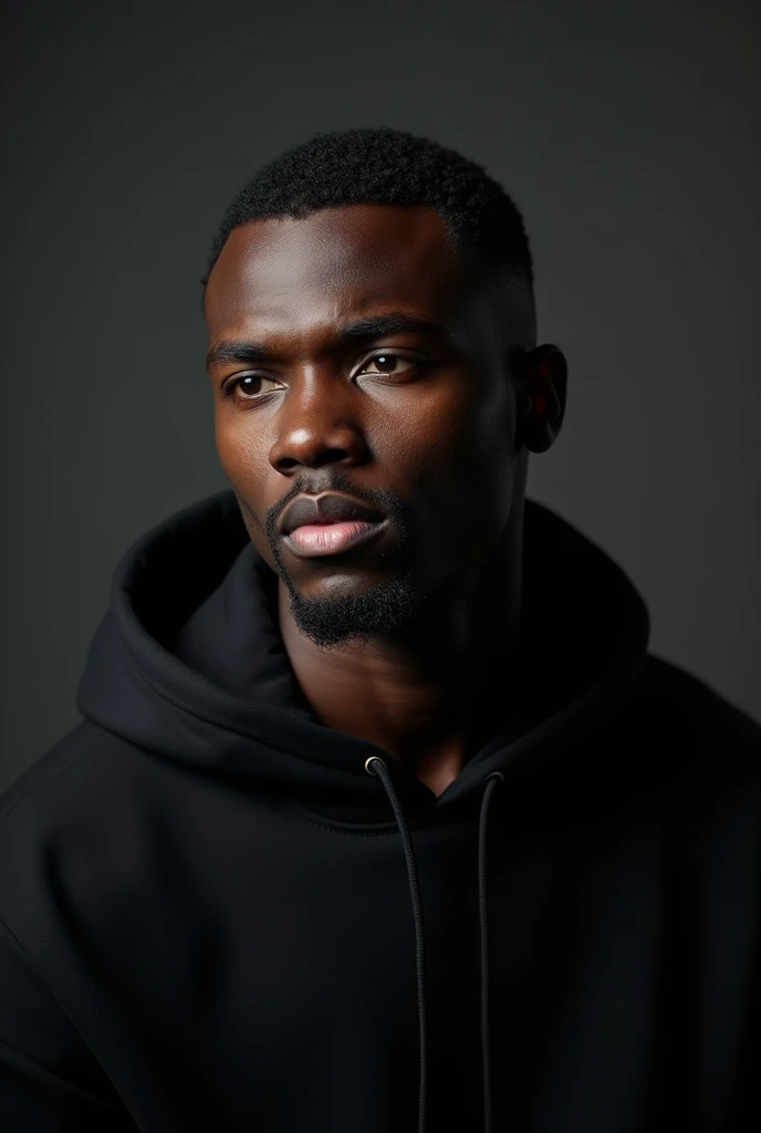 A 37 year old black man with black hair with black eyes wearing black hoodie