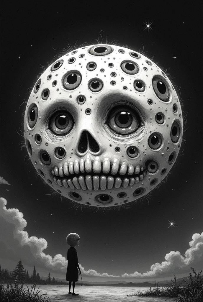 Create a moon with many eyes in drawing style