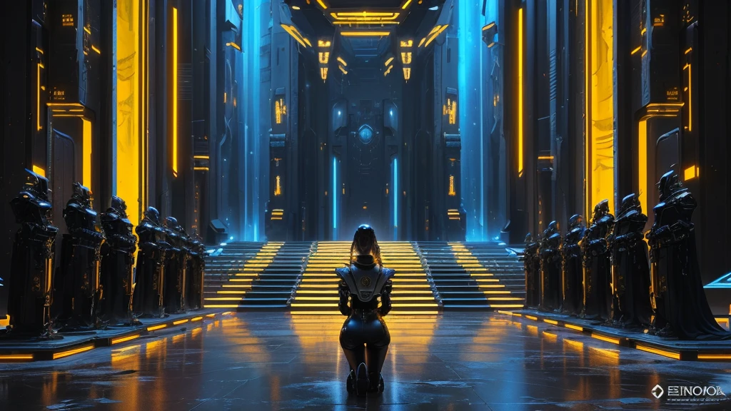 there is a kneeling woman standing in a corridor with many statues, in a futuristic arena, in a futuristic cyberpunk city, science fiction cinematic film, in front of her there are 3 large iron thrones, each throne is occupied by a person, cyberpunk scenario futuristic, depicted as a sci-fi scene, dramatic lighting sci-fi, Cyberpunk Temple, in a futuristic spaceship, Surreal sci-fi set design, huge futuristic temple city, cinematic sci-fi shot, in a cyberpunk setting