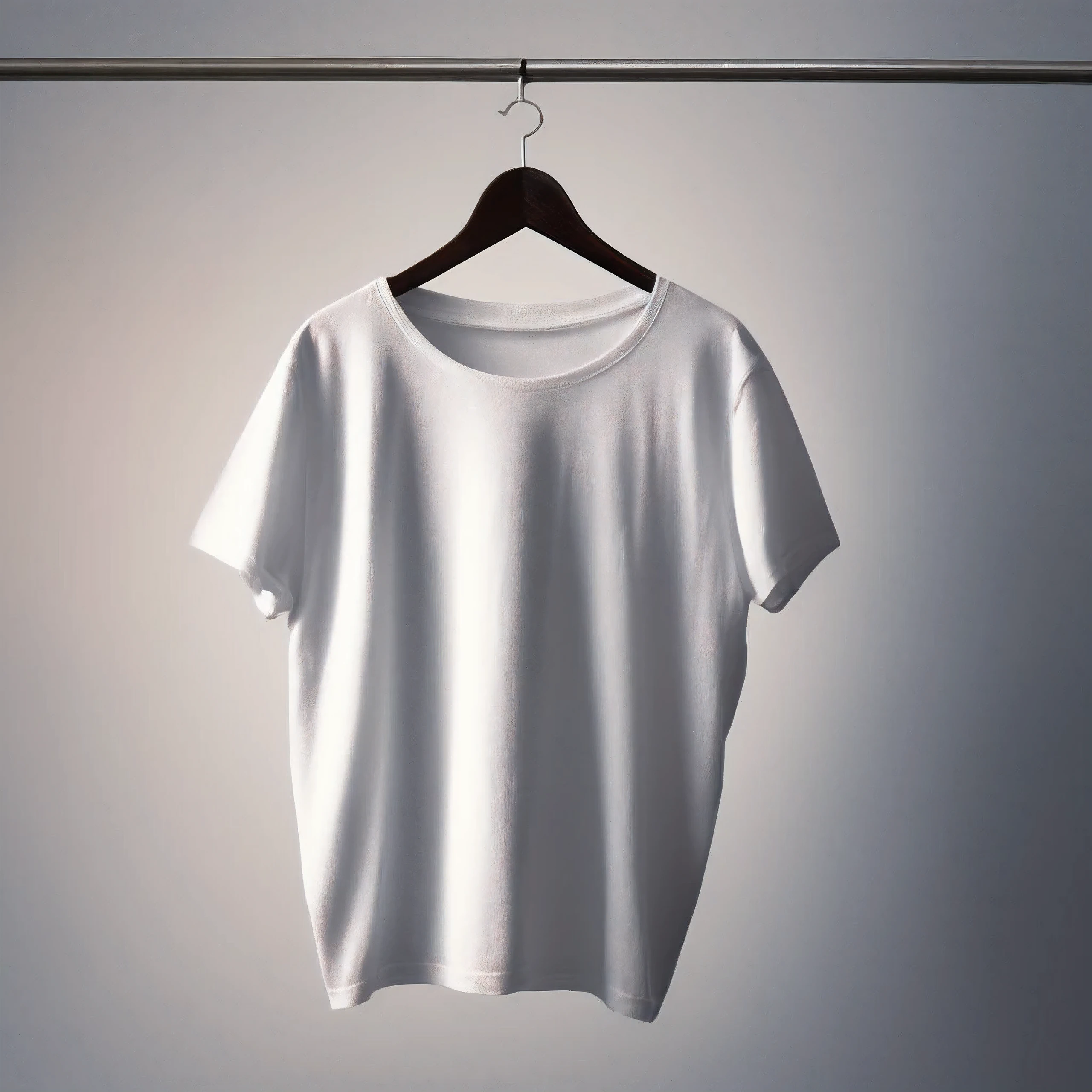 Close-up of a white t-shirt hanging on a hanger, Complex, elegant, Very detailed, Dramatic Light, Sharp focus, Illuminated, Majestic, Very rich, Cinematic colors, Bright colors, perfection, beautiful, Very moving, Innocent, The finer details, Clear Artistry, Open love, charisma, Inspired, have confidence, Emotional, Vibrant, Complex, wonderful, thought