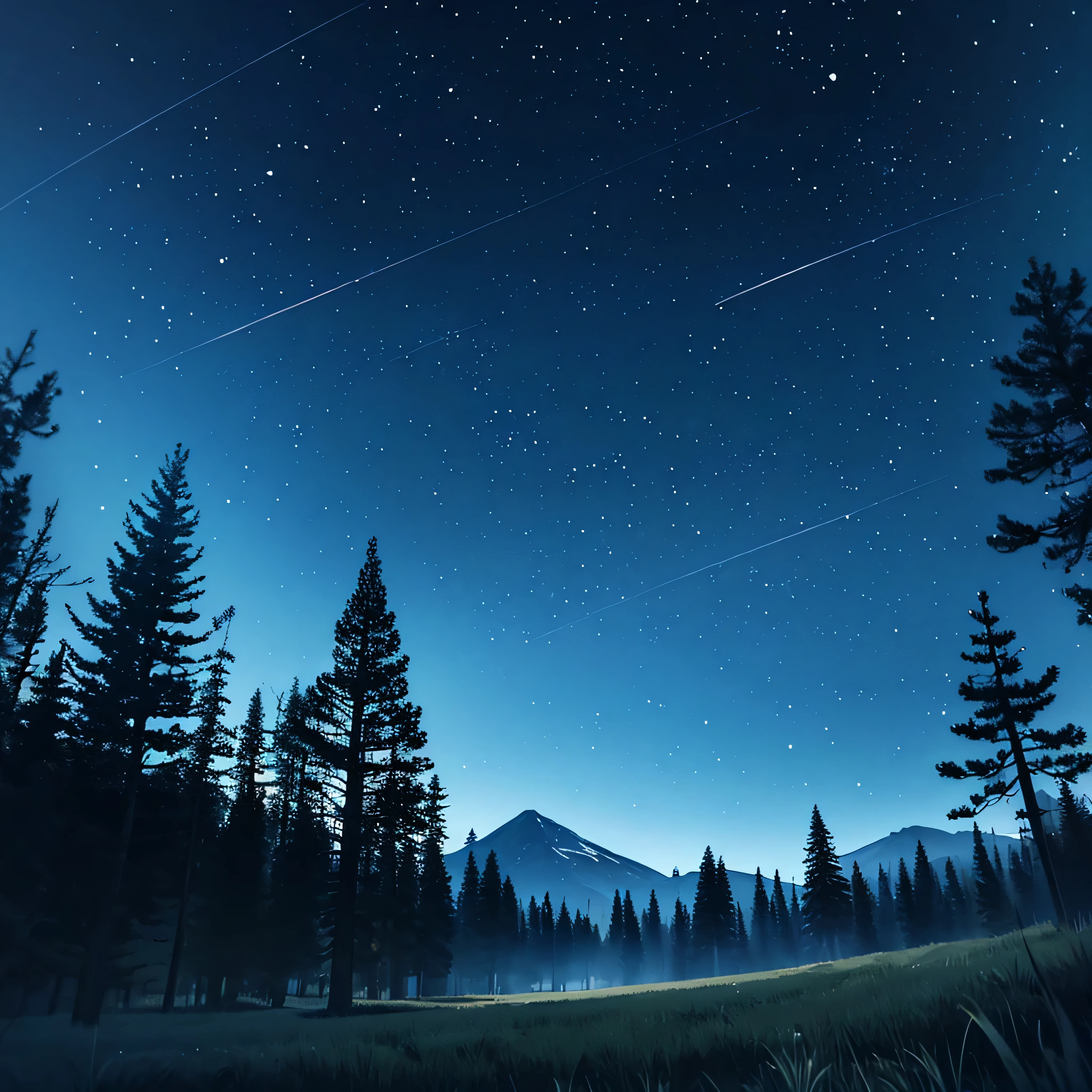 Canary night, montanhas distantes, pine trees, campo aberto e lugar amplo, flat land, animation style, 2D, animation,