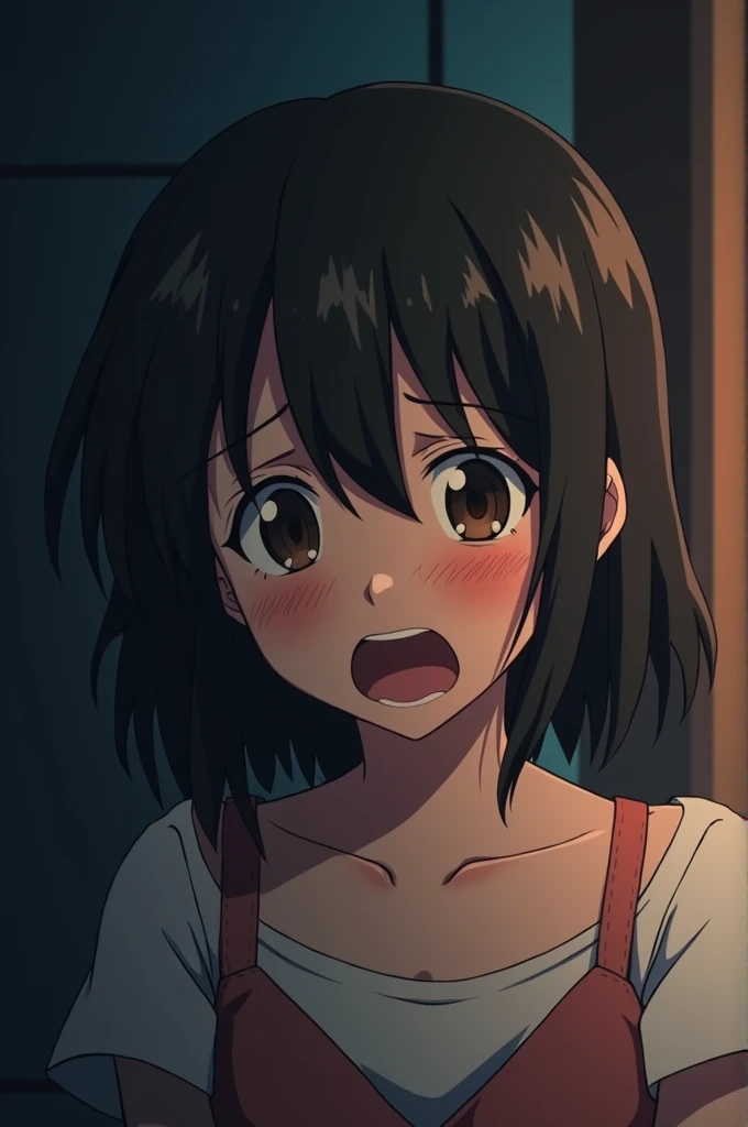 A young girl cries when she is raped by her own father, everything should be detailed and in anime style