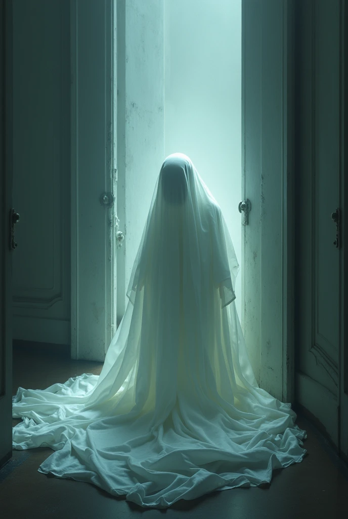 High-resolution photo of a ghost of a sheet crawling on all fours