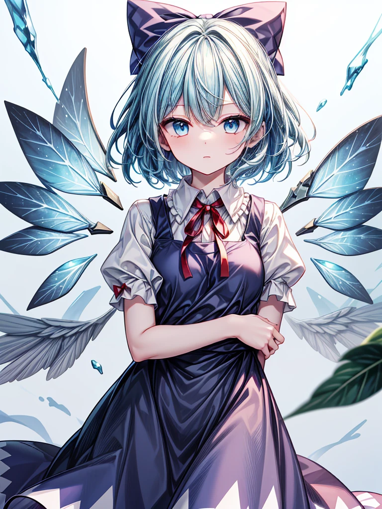 1girl, ((Undressing)),((Alluring)),((Wear cold air)),cirno (Touhou), short hair, blue hair, ice wings, fairy wings, Blue eyes, bangs, white shirt, collared shirt, puffy short sleeves, blue dress, pinafore dress, red ribbon, neck ribbon, blue bow, green bow, hair bow, bow