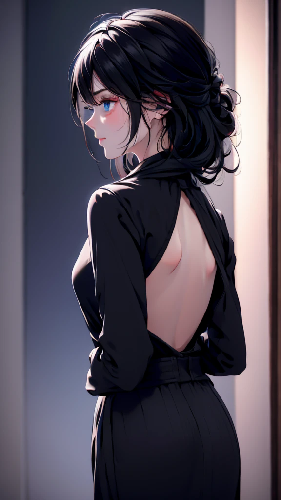 1 Girl, medium light black hair, light blue eyes , wearing black Suit 4D , night TOWN , high res, ultrasharp, 8K, masterpiece, looking from behind