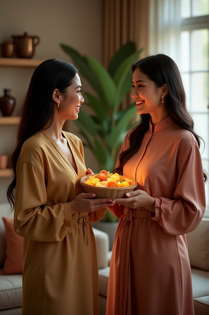 Create an image of Syifa Hadju, a young and stylish Indonesian actress, giving a neatly packed traditional asinan (Indonesian pickled vegetables and fruits) to Mulan Jameela, a well-dressed, elegant woman with long hair. They are in a cozy, well-lit living room. Syifa is smiling warmly as she hands over the food, and Mulan is expressing gratitude with a warm smile, perhaps holding the asinan package delicately in both hands. The setting should feel intimate and friendly, with subtle touches that reflect the closeness of their relationship, such as warm lighting and comfortable furniture.