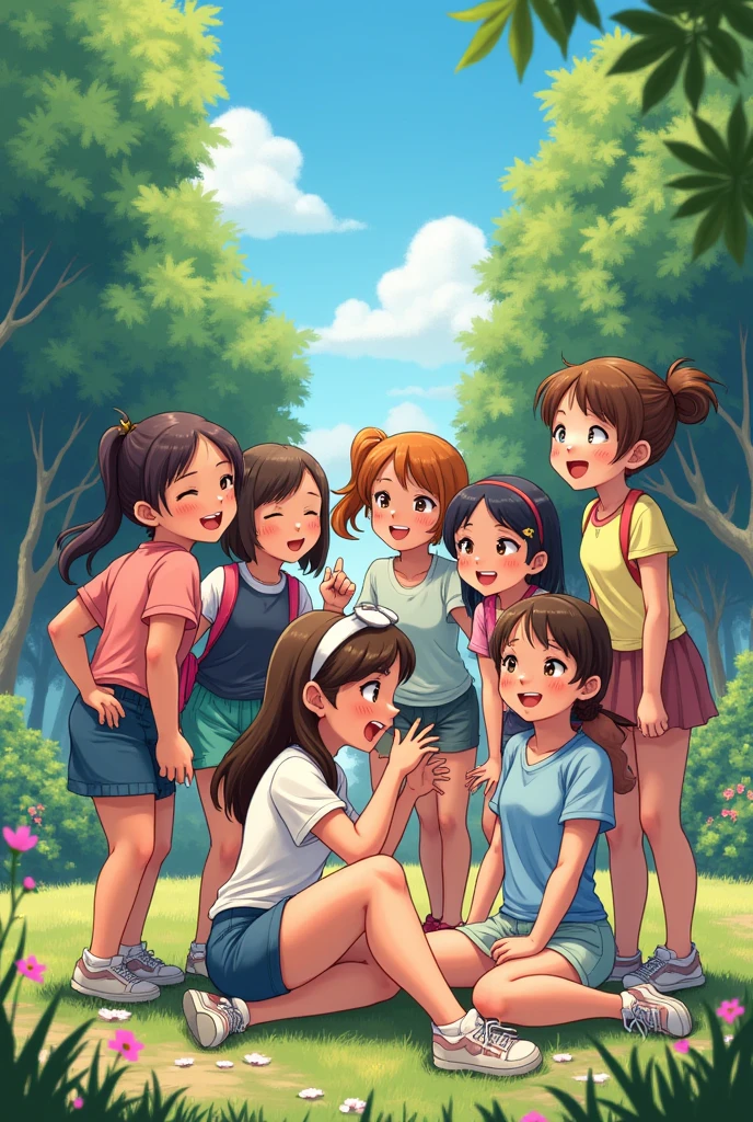 superflat, flat shading, flat colors, (masterpiece:1.2, best quality), 3girls, multiple girls, , young 13yoim, short summer dress, upskirt, (children's print panties), long hair, smile, fun, laugh, play, (sitting on bench), (spread legs), railway in background, summer, vibrant colors, bright, watercolor