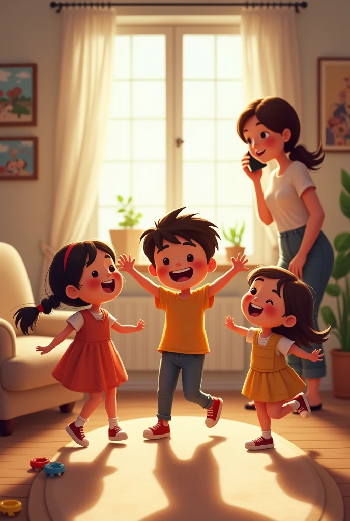 Create aboy playing with his two sisters and mother talking to phone 