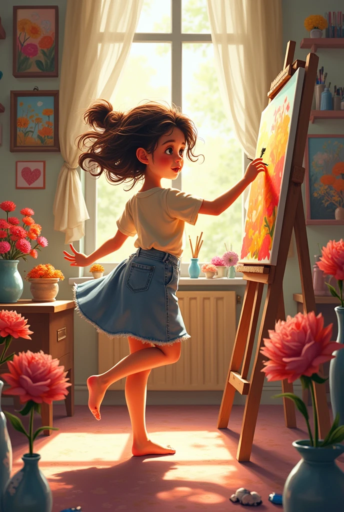 An Artist girl, dancing with canvas, beautiful paintings in room, pencils around her, in her beautiful art studio, window and light,five flower vases in room