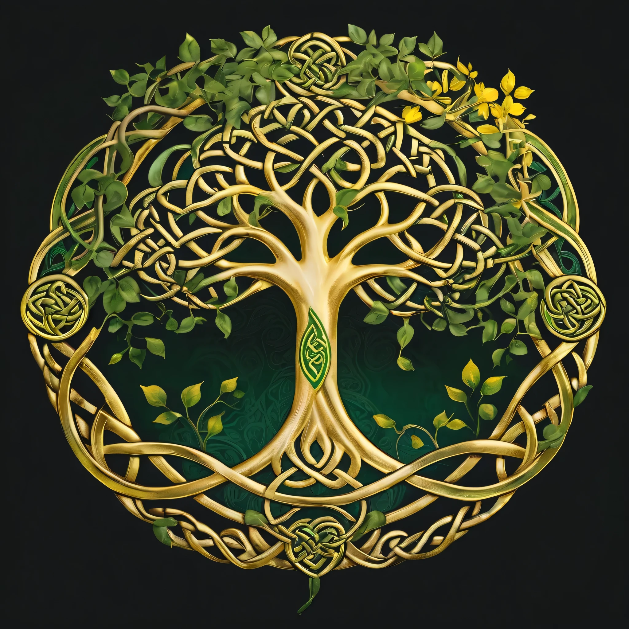 A circular tree of life design with Celtic knotwork and gold filigree on a black background with green leaves and yellow accents. The design is in the style of Celtic artwork.