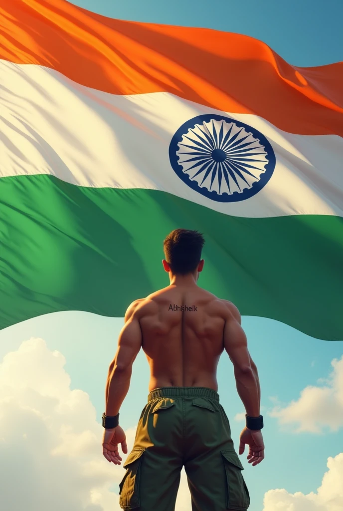 The huge tricolor flag of India is fluttering and Happy Independence Day is written in saffron color of the flag and 15 August 2024 is written in green color. In front of it an 18 year old karate fighter man is standing facing the flag and has 'Abhishek' written on his top and 7 written below 'Abhishek' and he is wearing army cargo pants and his back is visible, his Don't forget to write your name