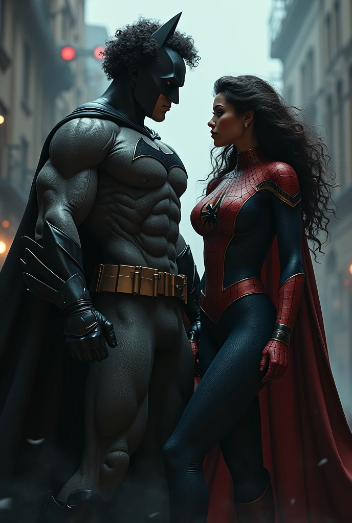 Create an image of a thin, muscular, curly-haired, dark-skinned batman next to a girl in a dark-skinned spiderman costume with loose hair and an hourglass body